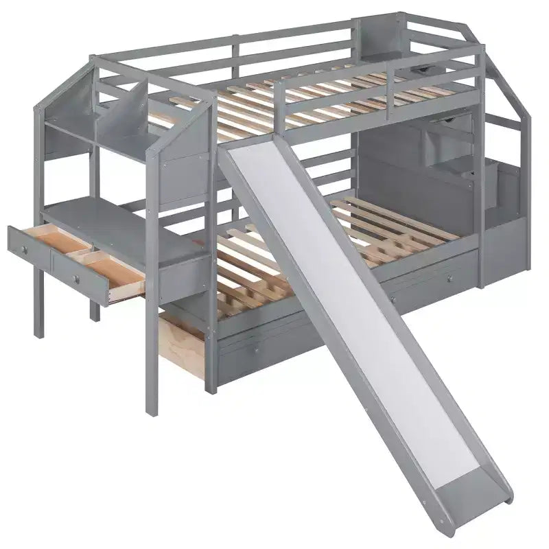 Lit superposé Whisen double sur double avec escalier de rangement, toboggan et tiroirs, bureau avec tiroirs et étagères