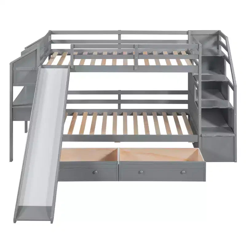 Lit superposé Whisen double sur double avec escalier de rangement, toboggan et tiroirs, bureau avec tiroirs et étagères