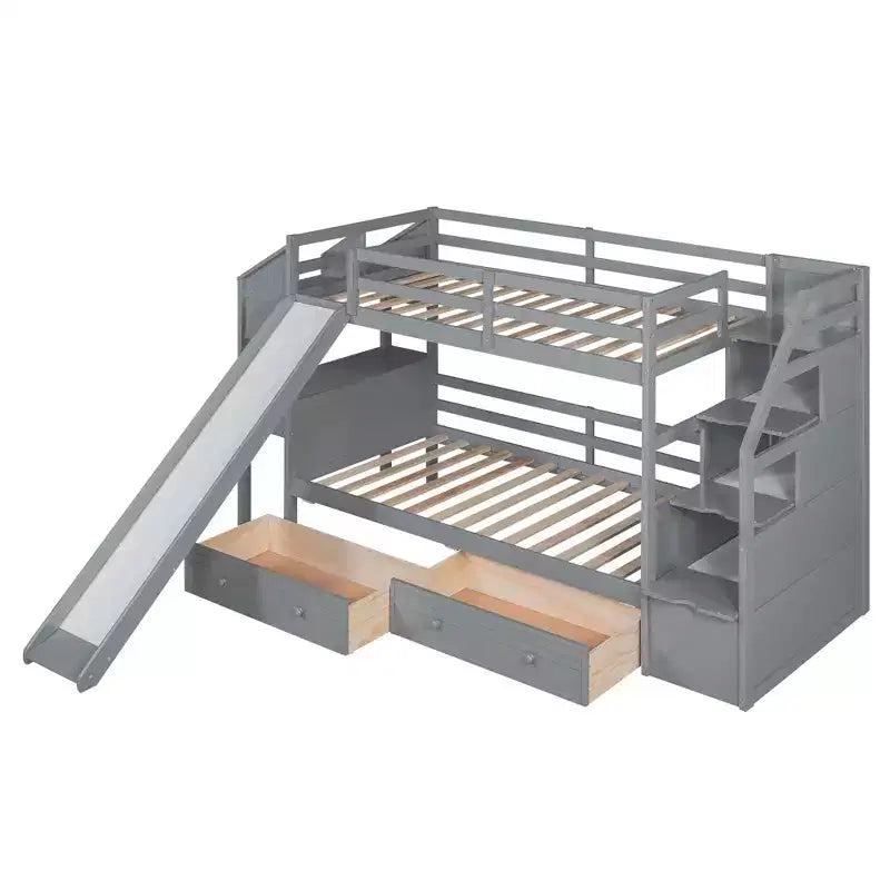 Lit superposé Whisen double sur double avec escalier de rangement, toboggan et tiroirs, bureau avec tiroirs et étagères