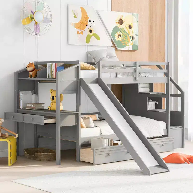 Whisen Twin over Twin Bunk Bed with Storage Staircase, Slide and Drawers, Desk with Drawers and Shelves