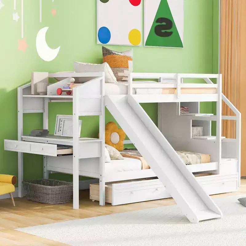 Lit superposé Whisen double sur double avec escalier de rangement, toboggan et tiroirs, bureau avec tiroirs et étagères