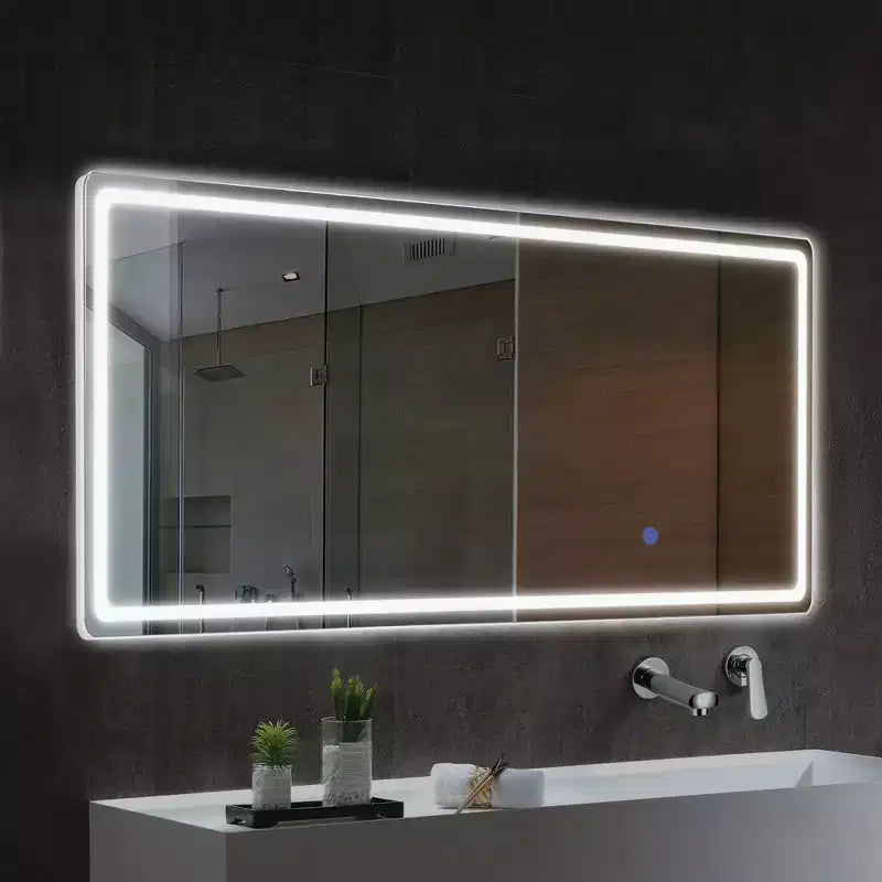 Miroir rectangulaire moderne sans cadre de 16 po L x 63 po H avec coins arrondis, couleur argent