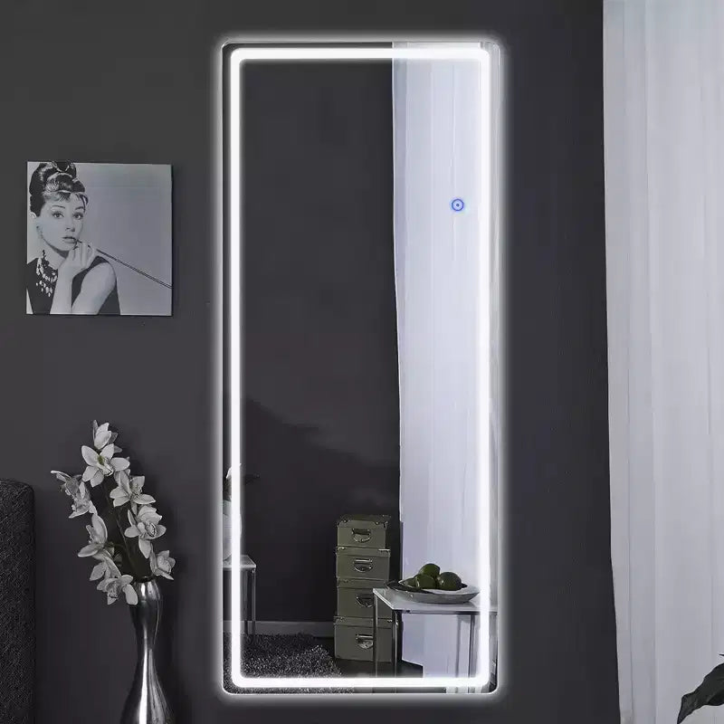 Miroir rectangulaire moderne sans cadre de 16 po L x 63 po H avec coins arrondis, couleur argent