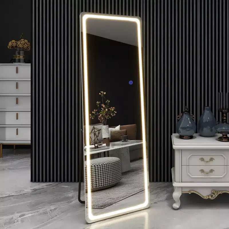 Miroir rectangulaire moderne sans cadre de 16 po L x 63 po H avec coins arrondis, couleur argent