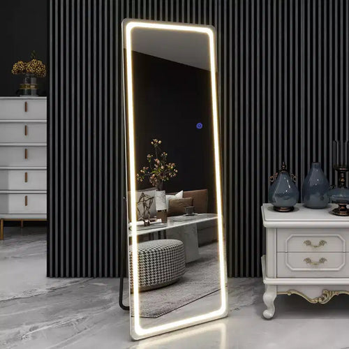 Miroir rectangulaire moderne sans cadre de 16 po L x 63 po H avec coins arrondis, couleur argent