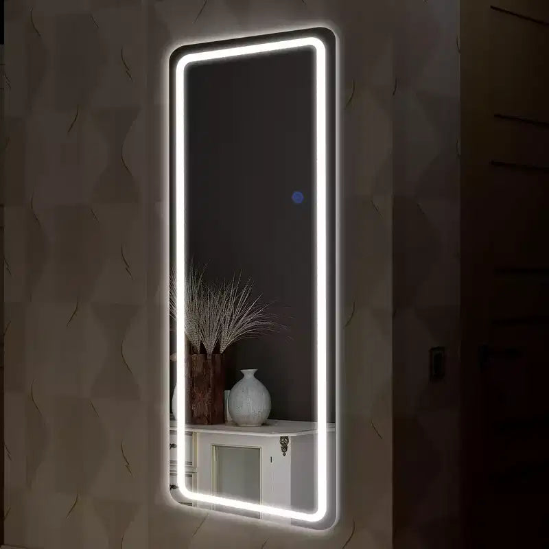 Miroir rectangulaire moderne sans cadre de 16 po L x 63 po H avec coins arrondis, couleur argent