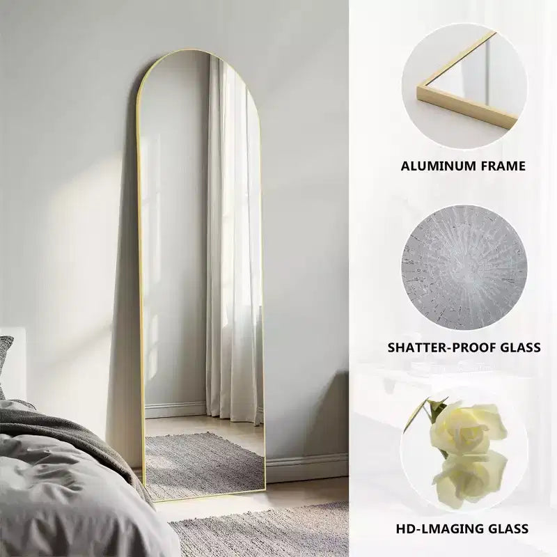 Miroir de sol arqué à angle droit de 162 cm, miroir mural avec support, cadre fin en alliage d'aluminium