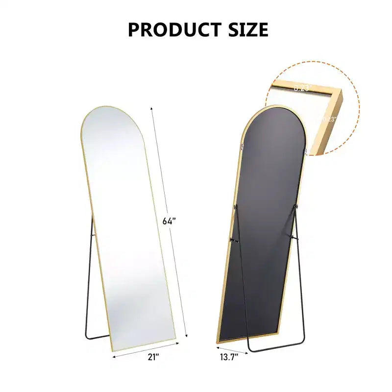 Miroir de sol arqué à angle droit de 162 cm, miroir mural avec support, cadre fin en alliage d'aluminium