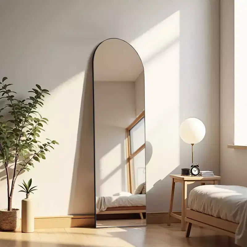 Miroir de sol arqué à angle droit de 162 cm, miroir mural avec support, cadre fin en alliage d'aluminium