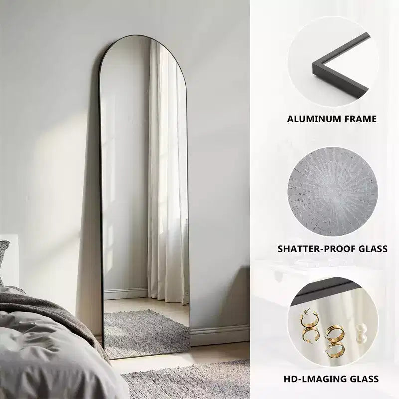 Miroir de sol arqué à angle droit de 162 cm, miroir mural avec support, cadre fin en alliage d'aluminium