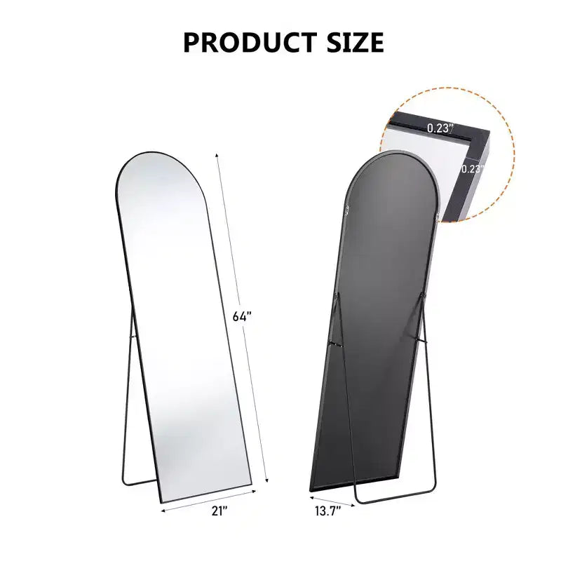 Miroir de sol arqué à angle droit de 162 cm, miroir mural avec support, cadre fin en alliage d'aluminium