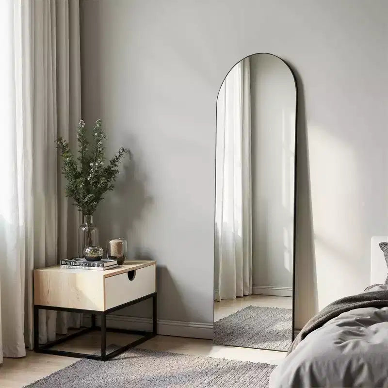 Miroir de sol arqué à angle droit de 162 cm, miroir mural avec support, cadre fin en alliage d'aluminium
