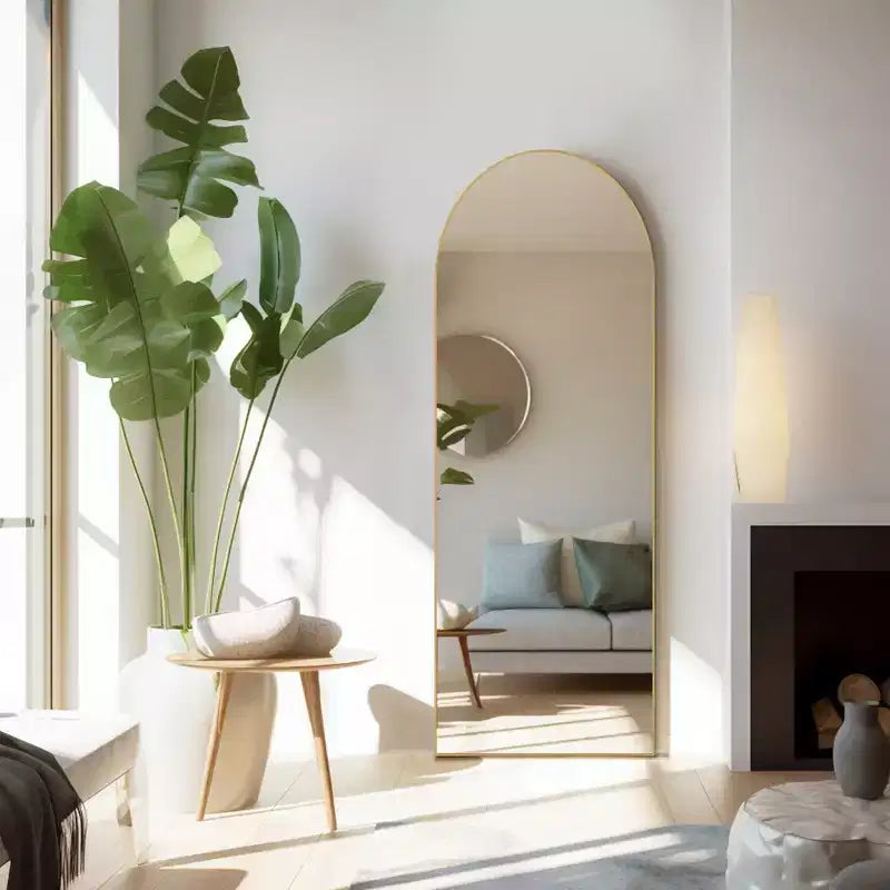 Miroir de sol arqué à angle droit de 162 cm, miroir mural avec support, cadre fin en alliage d'aluminium