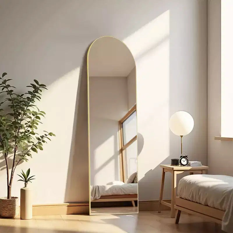 Miroir de sol arqué à angle droit de 162 cm, miroir mural avec support, cadre fin en alliage d'aluminium