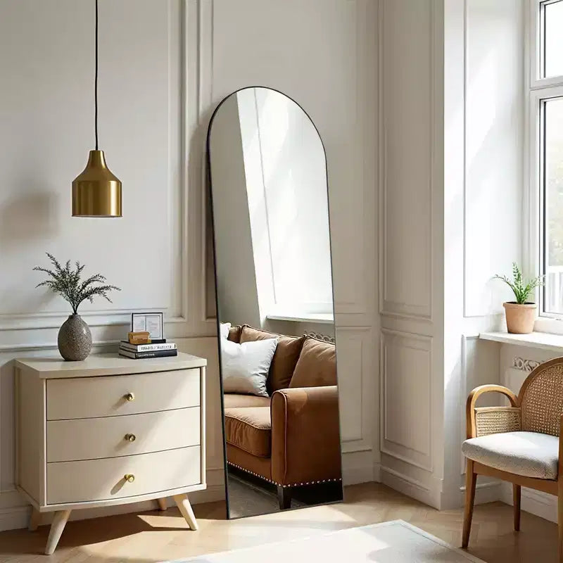 64 Inch Arched Right Angle Floor Standing Full-Length Mirror, Wall Mirror with Bracket Aluminum Alloy Thin Frame