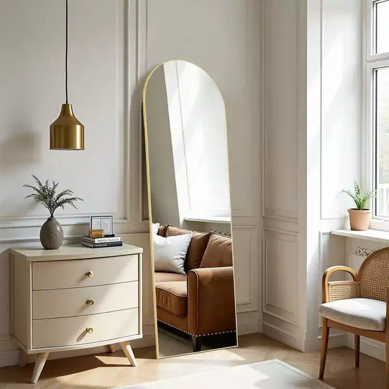 Miroir de sol arqué à angle droit de 162 cm, miroir mural avec support, cadre fin en alliage d'aluminium