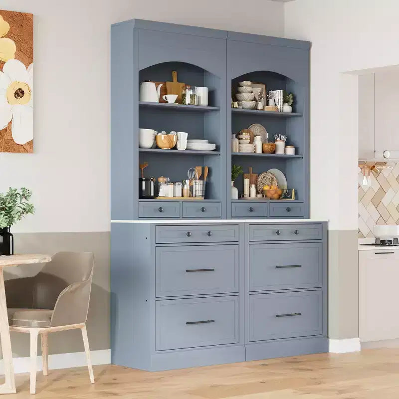 83.7H Kitchen Pantry, Freestanding Kitchen Hutch with Faux Marble Top, Cupboard Cabinet with 5 Drawers and Adjustable Shelf - ModernLuxe
