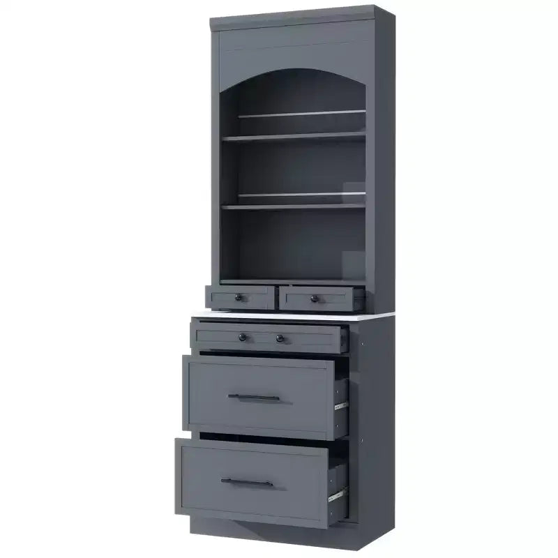 Garde-manger de cuisine de 83,7 po de hauteur, buffet de cuisine autoportant avec plateau aspect marbre, armoire de rangement avec 5 tiroirs et étagère réglable