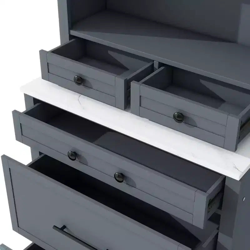 Garde-manger de cuisine de 83,7 po de hauteur, buffet de cuisine autoportant avec plateau aspect marbre, armoire de rangement avec 5 tiroirs et étagère réglable