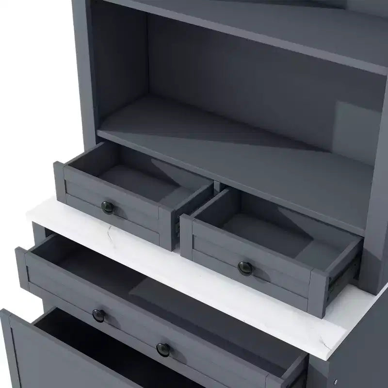 Garde-manger de cuisine de 83,7 po de hauteur, buffet de cuisine autoportant avec plateau aspect marbre, armoire de rangement avec 5 tiroirs et étagère réglable