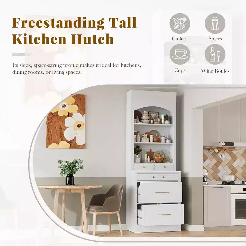 Garde-manger de cuisine de 83,7 po de hauteur, buffet de cuisine autoportant avec plateau aspect marbre, armoire de rangement avec 5 tiroirs et étagère réglable