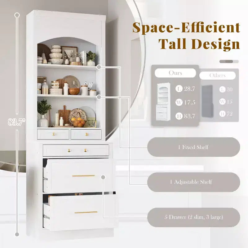 Garde-manger de cuisine de 83,7 po de hauteur, buffet de cuisine autoportant avec plateau aspect marbre, armoire de rangement avec 5 tiroirs et étagère réglable