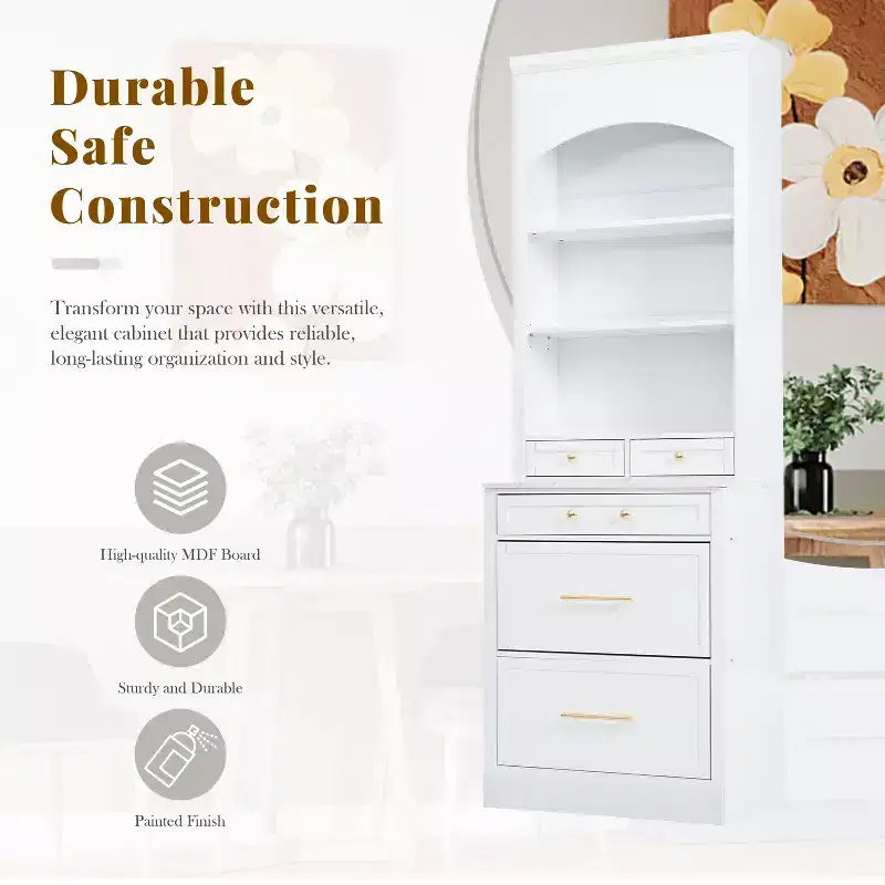 Garde-manger de cuisine de 83,7 po de hauteur, buffet de cuisine autoportant avec plateau aspect marbre, armoire de rangement avec 5 tiroirs et étagère réglable