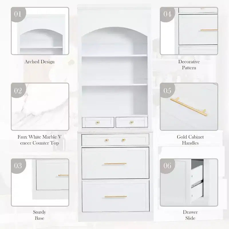 Garde-manger de cuisine de 83,7 po de hauteur, buffet de cuisine autoportant avec plateau aspect marbre, armoire de rangement avec 5 tiroirs et étagère réglable