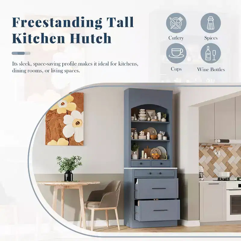 Garde-manger de cuisine de 83,7 po de hauteur, buffet de cuisine autoportant avec plateau aspect marbre, armoire de rangement avec 5 tiroirs et étagère réglable