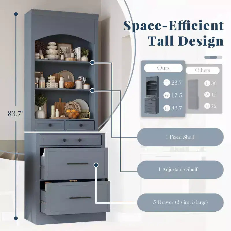 Garde-manger de cuisine de 83,7 po de hauteur, buffet de cuisine autoportant avec plateau aspect marbre, armoire de rangement avec 5 tiroirs et étagère réglable
