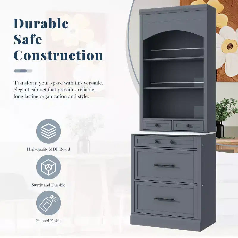 Garde-manger de cuisine de 83,7 po de hauteur, buffet de cuisine autoportant avec plateau aspect marbre, armoire de rangement avec 5 tiroirs et étagère réglable