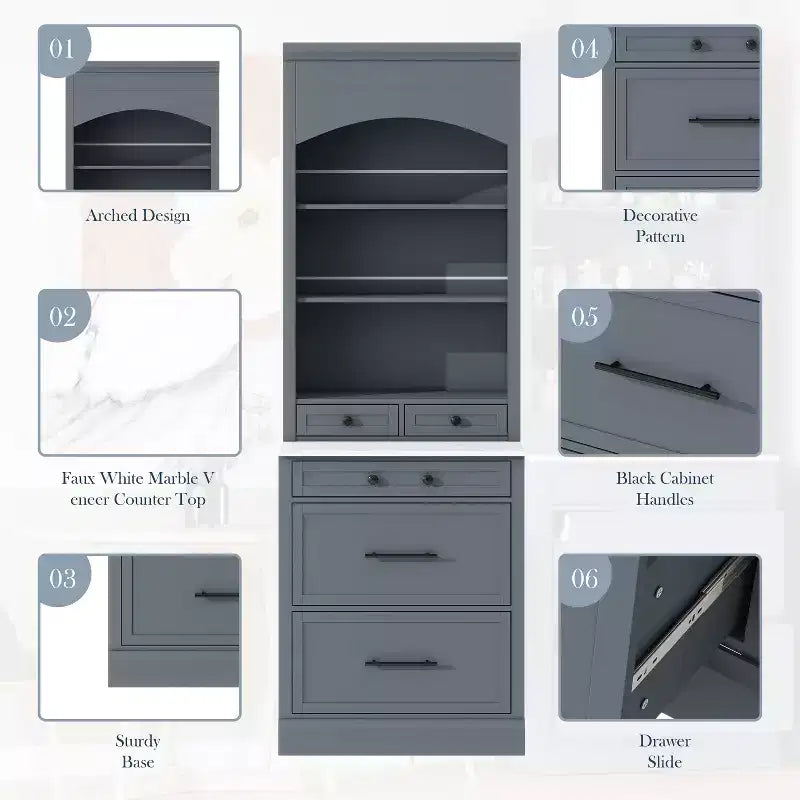 Garde-manger de cuisine de 83,7 po de hauteur, buffet de cuisine autoportant avec plateau aspect marbre, armoire de rangement avec 5 tiroirs et étagère réglable