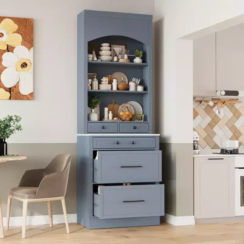 Garde-manger de cuisine de 83,7 po de hauteur, buffet de cuisine autoportant avec plateau aspect marbre, armoire de rangement avec 5 tiroirs et étagère réglable