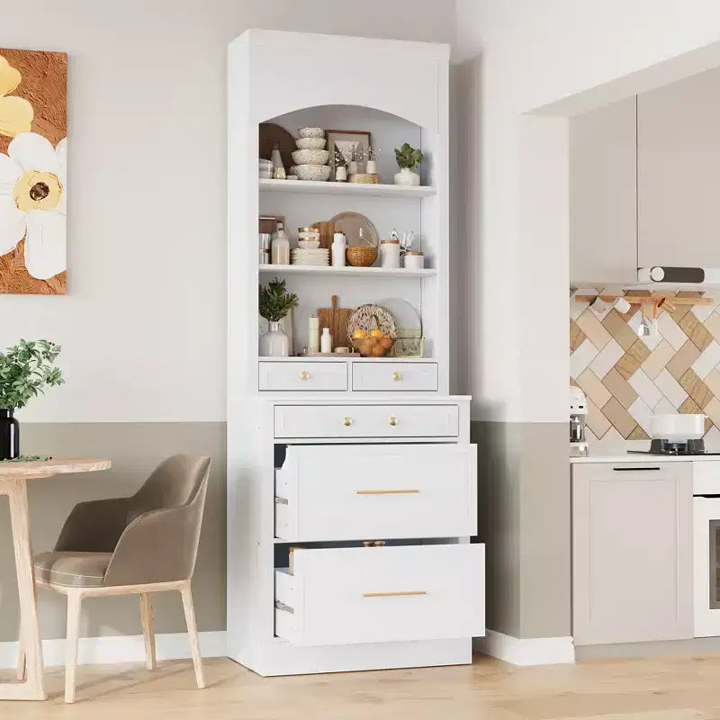 Garde-manger de cuisine de 83,7 po de hauteur, buffet de cuisine autoportant avec plateau aspect marbre, armoire de rangement avec 5 tiroirs et étagère réglable