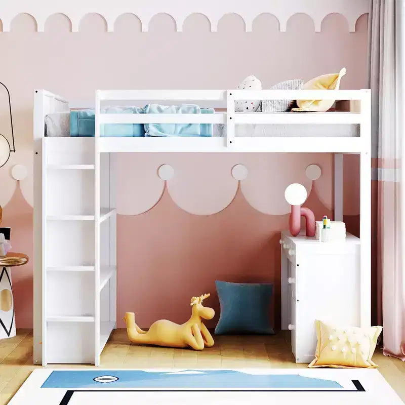 Lit mezzanine double/grand avec échelle, étagères et bureau avec tiroirs