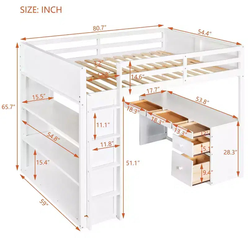 Lit mezzanine double/grand avec échelle, étagères et bureau avec tiroirs