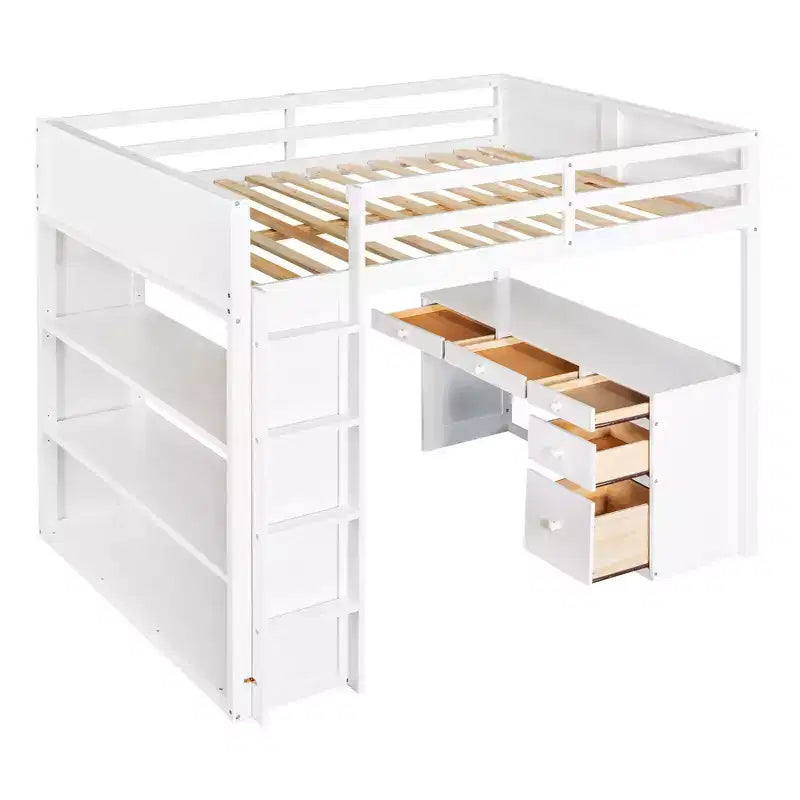 Lit mezzanine double/grand avec échelle, étagères et bureau avec tiroirs