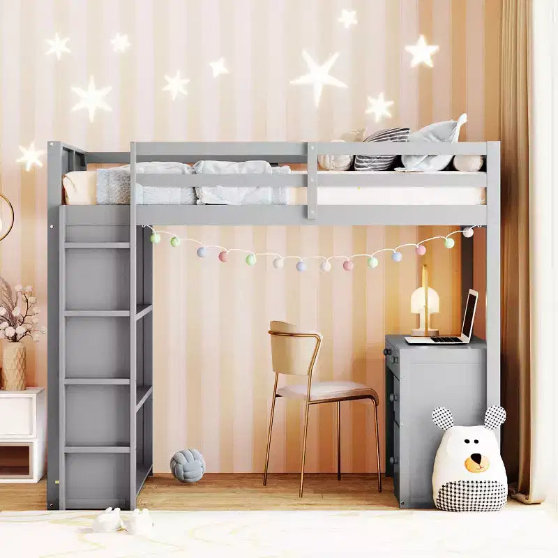 Lit mezzanine double/grand avec échelle, étagères et bureau avec tiroirs