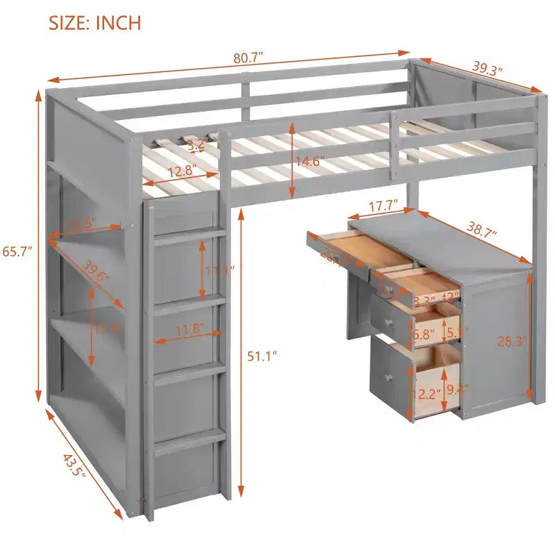 Lit mezzanine double/grand avec échelle, étagères et bureau avec tiroirs