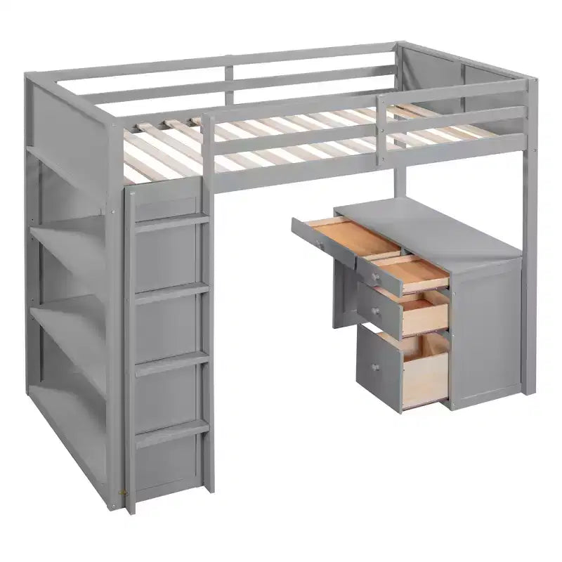 Lit mezzanine double/grand avec échelle, étagères et bureau avec tiroirs