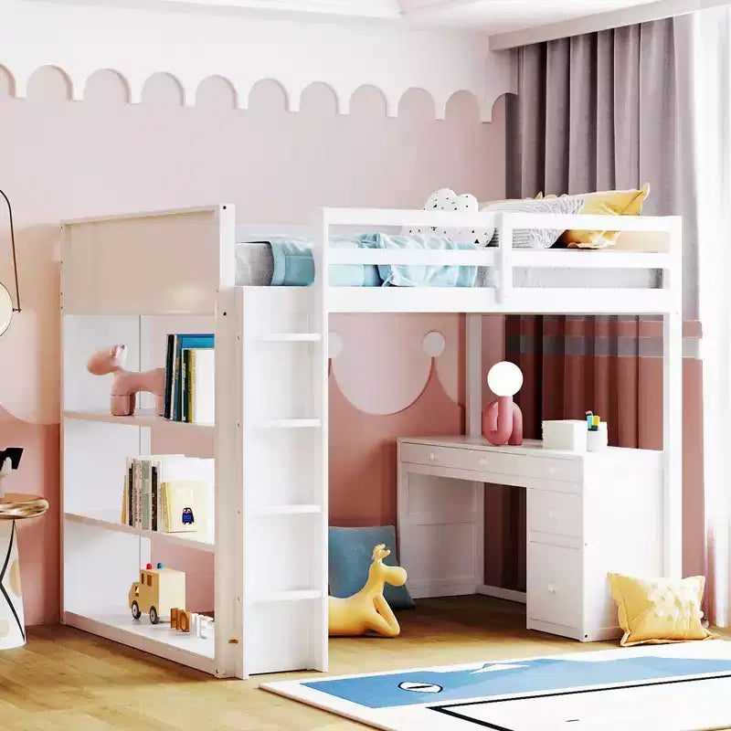 Lit mezzanine double/grand avec échelle, étagères et bureau avec tiroirs