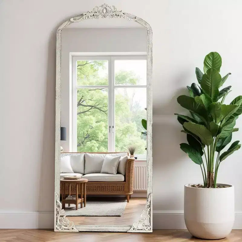 Solid wood carved flower straight-angle micro-curved weathered white full-length mirror 170x70x2cm (without stand)
