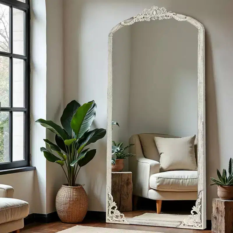 Miroir psyché sculpté en bois massif avec fleurs, droit, micro-courbé, blanc vieilli 170x70x2cm (sans support)