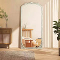Miroir psyché sculpté en bois massif avec fleurs, droit, micro-courbé, blanc vieilli 170x70x2cm (sans support)