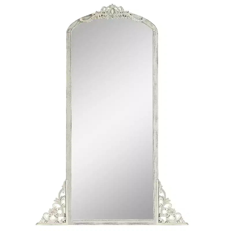 Miroir psyché sculpté en bois massif avec fleurs, droit, micro-courbé, blanc vieilli 170x70x2cm (sans support)