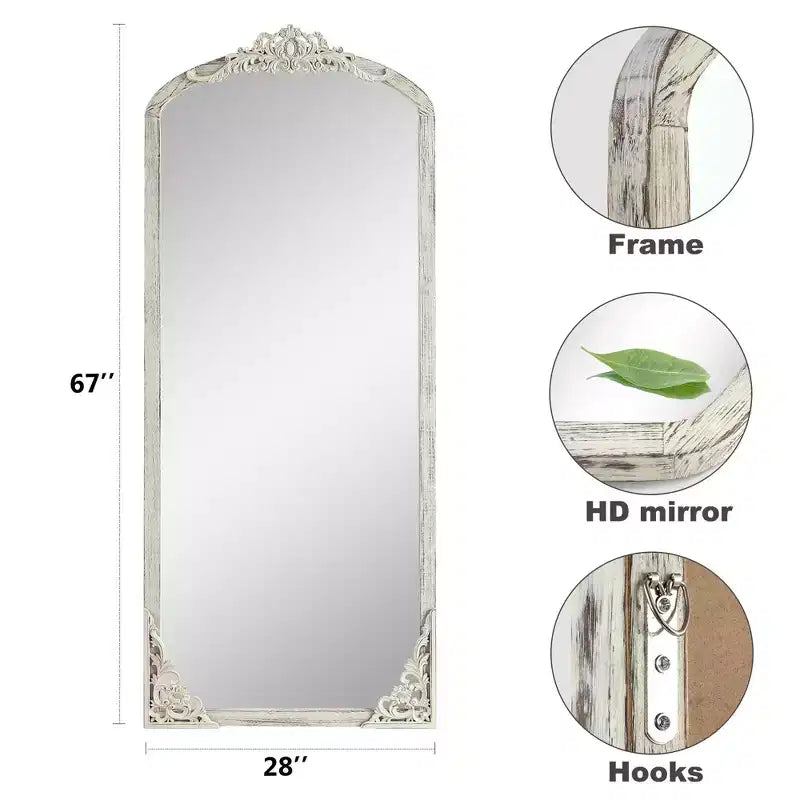 Miroir psyché sculpté en bois massif avec fleurs, droit, micro-courbé, blanc vieilli 170x70x2cm (sans support)