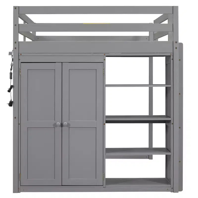 Lit mezzanine double en bois avec armoire intégrée, étagères de rangement et lumière LED