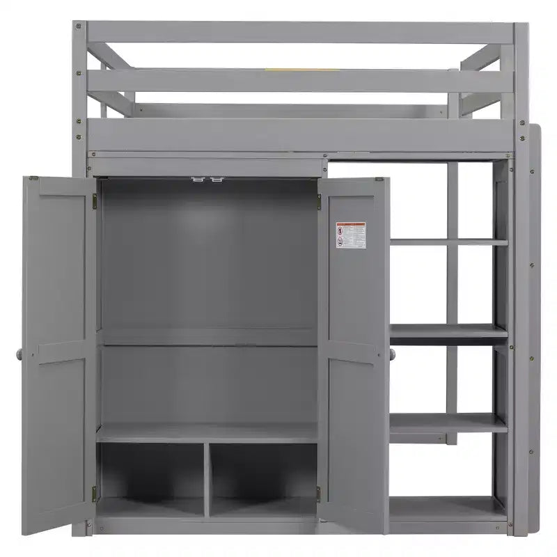 Lit mezzanine double en bois avec armoire intégrée, étagères de rangement et lumière LED