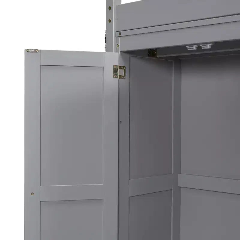 Lit mezzanine double en bois avec armoire intégrée, étagères de rangement et lumière LED