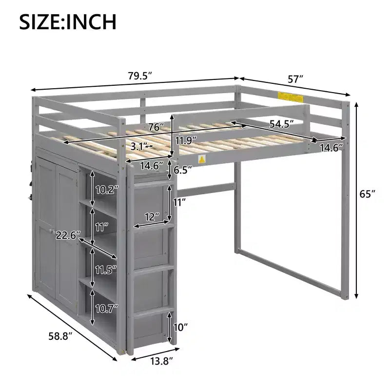 Lit mezzanine double en bois avec armoire intégrée, étagères de rangement et lumière LED